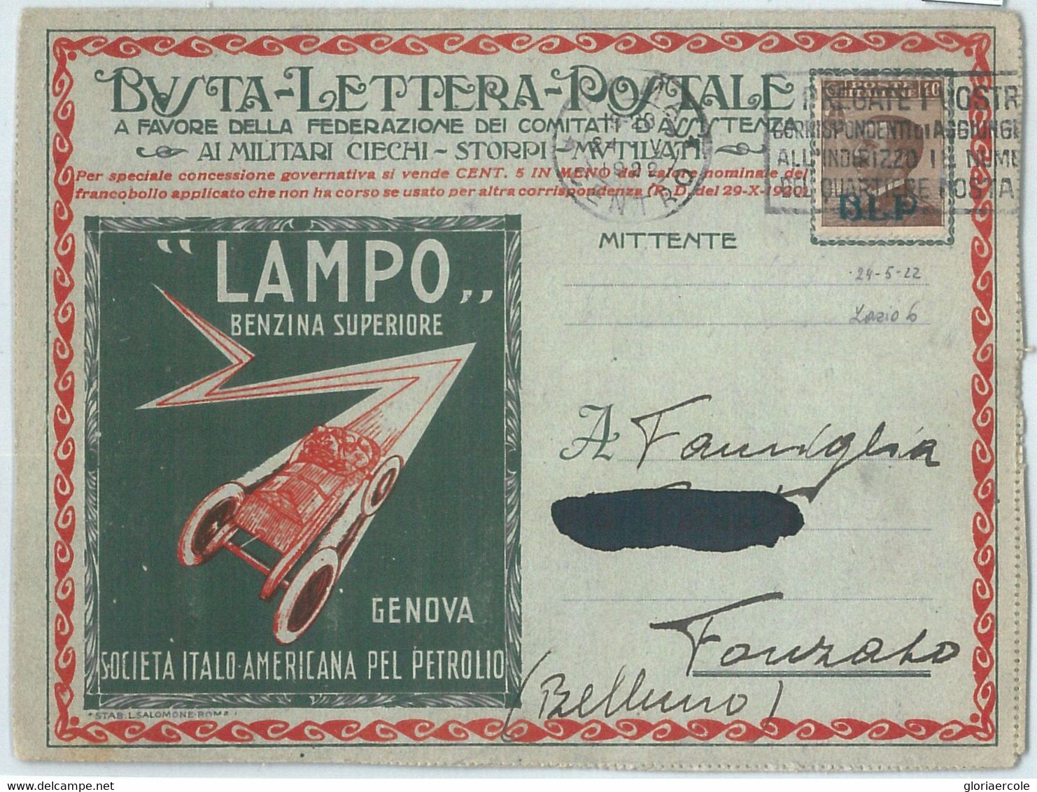 69602 - ITALY - POSTAL HISTORY - BLP Advertising COVER # 4 - AUTO Petrol CARS - Francobolli Per Buste Pubblicitarie (BLP)