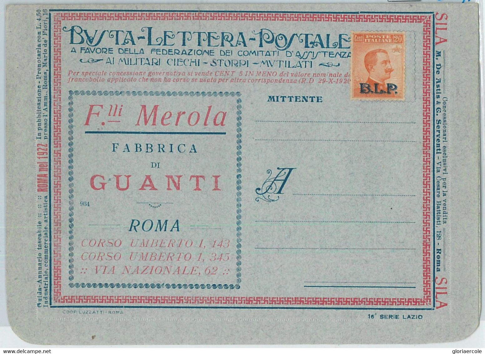 69584 - ITALY - POSTAL HISTORY - BLP COVER # 7  - MEDICINE Clothing GLOVES - Timbres Pour Envel. Publicitaires (BLP)