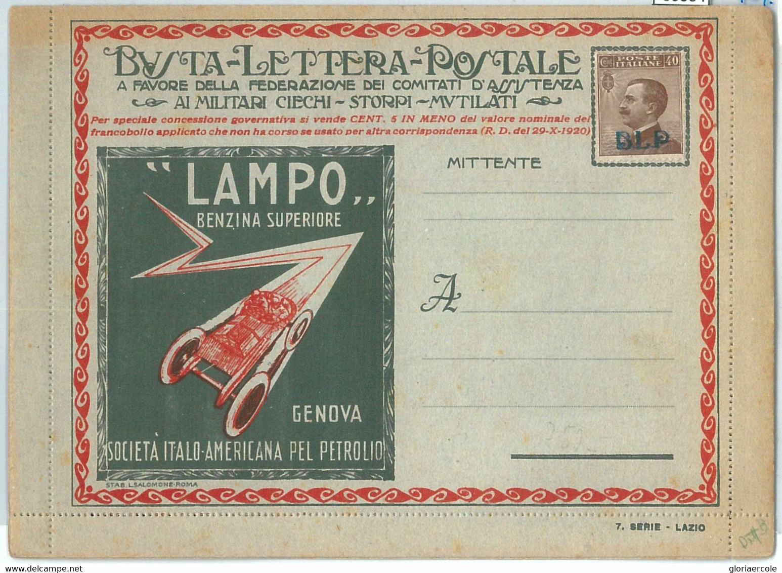 69594 - ITALY - POSTAL HISTORY - BLP Advertising COVER # 4  - AUTO Petrol CARS - Stamps For Advertising Covers (BLP)