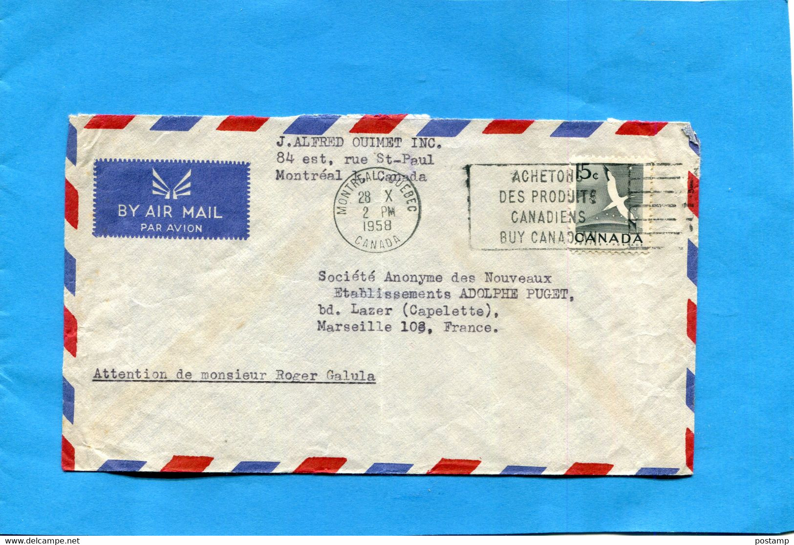 Marcophilie Lettre-CANADA-pour Françe Cad MONTREAL1958-+flamme""achetons Des Produits Canadiens"" - Storia Postale