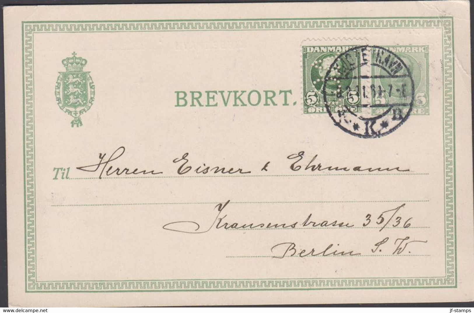 1911. DANMARK. BREVKORT 5 ØRE Frederik VIII + 5 øre With Perfin A.C.I. To Berlin Cancelled KJØBENHAVN 8.9.... - JF516787 - Cartas & Documentos