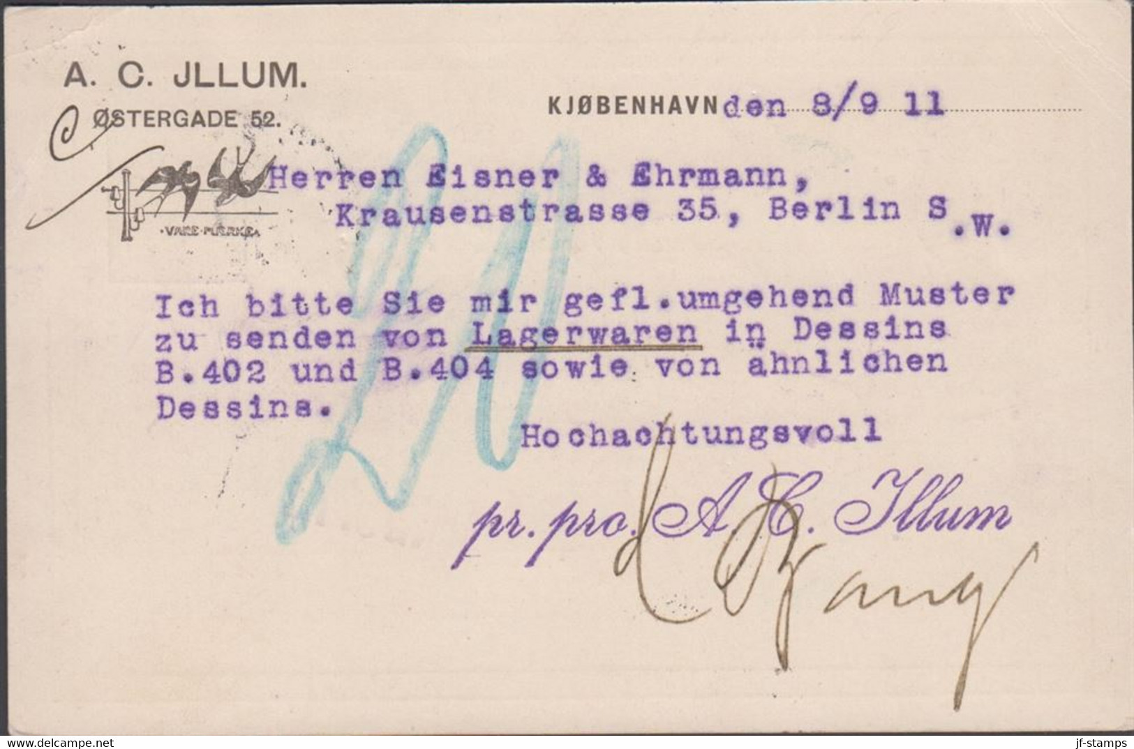 1911. DANMARK. BREVKORT 5 ØRE Frederik VIII + 5 øre With Perfin A.C.I. To Berlin Cancelled KJØBENHAVN 8.9.... - JF516787 - Briefe U. Dokumente