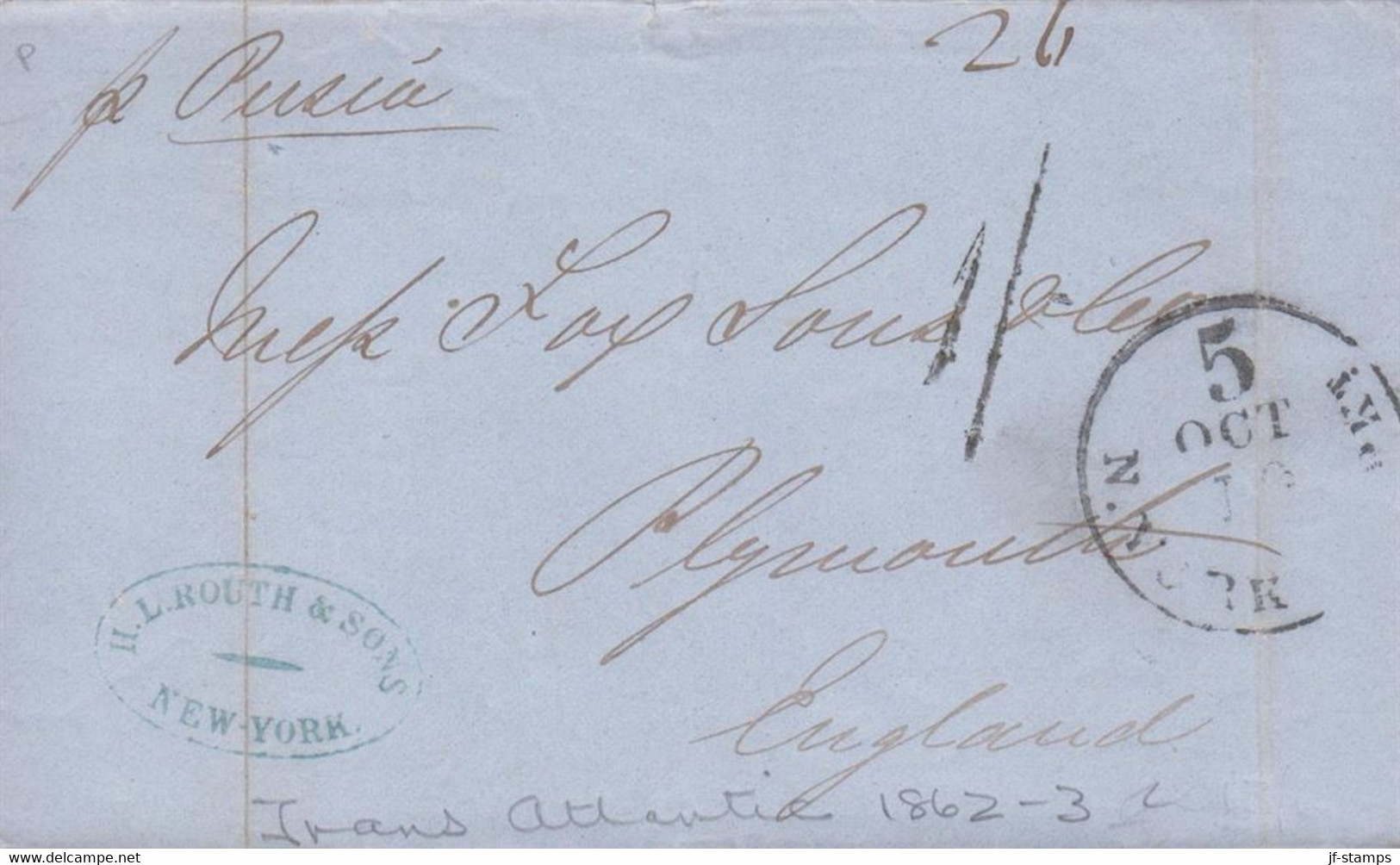 1860. USA. Interesting Transatlantic Cover From New York To Plymount, England 1860. Cancelled 5 OCT N. YOR... - JF428325 - …-1845 Voorfilatelie