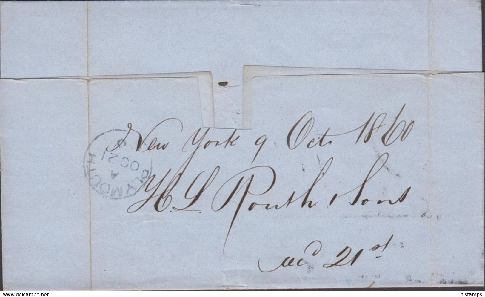 1860. USA. Interesting Transatlantic Cover From New York To Plymount, England 1860. Cancelled 5 OCT N. YOR... - JF428325 - …-1845 Vorphilatelie