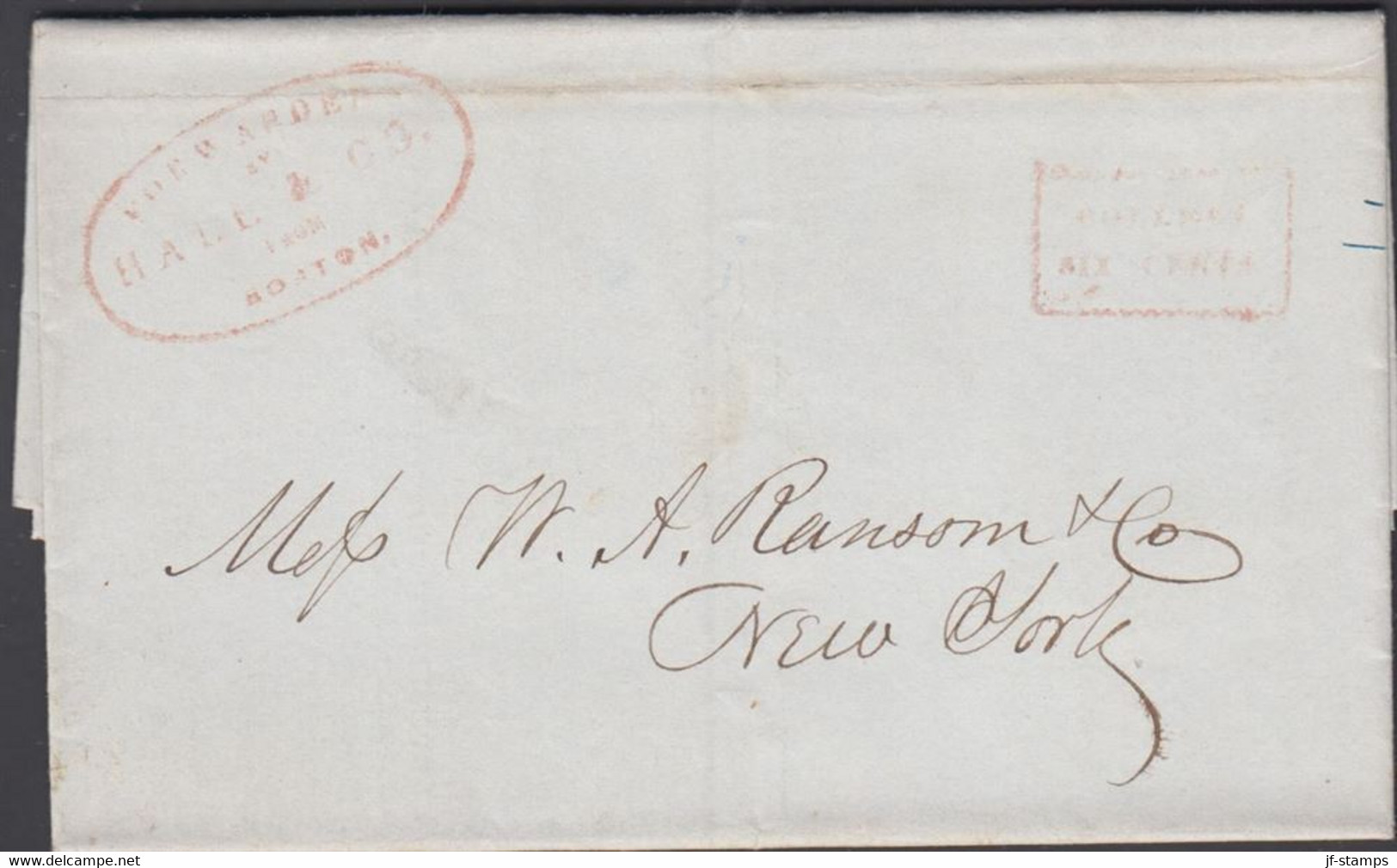 1845. USA. Small Cover To New York Forwarded By HALL & Co BOSTON Dated Haverhill June 13 1845. Redbrown Bo... - JF428365 - …-1845 Préphilatélie