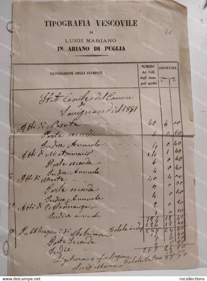 Italy Receipt Fattura TIPOGRAFIA VESCOVILE Luigi Mariano ARIANO DI PUGLIA Savignano 1881 - Italia