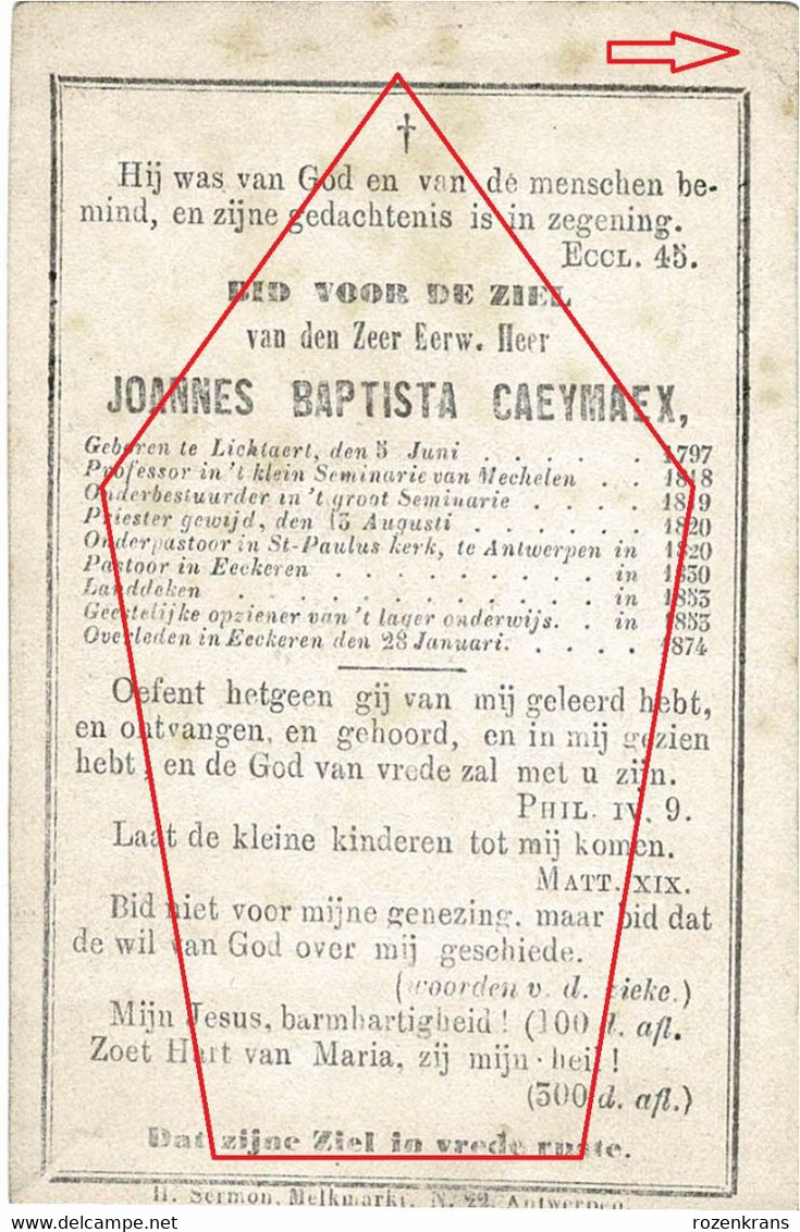 Joannes Caeymaex Lichtaart Sint Pauluskerk Antwerpen Ekeren 1874 Priester Pastoor Doodsprentje Bidprentje - Kasterlee