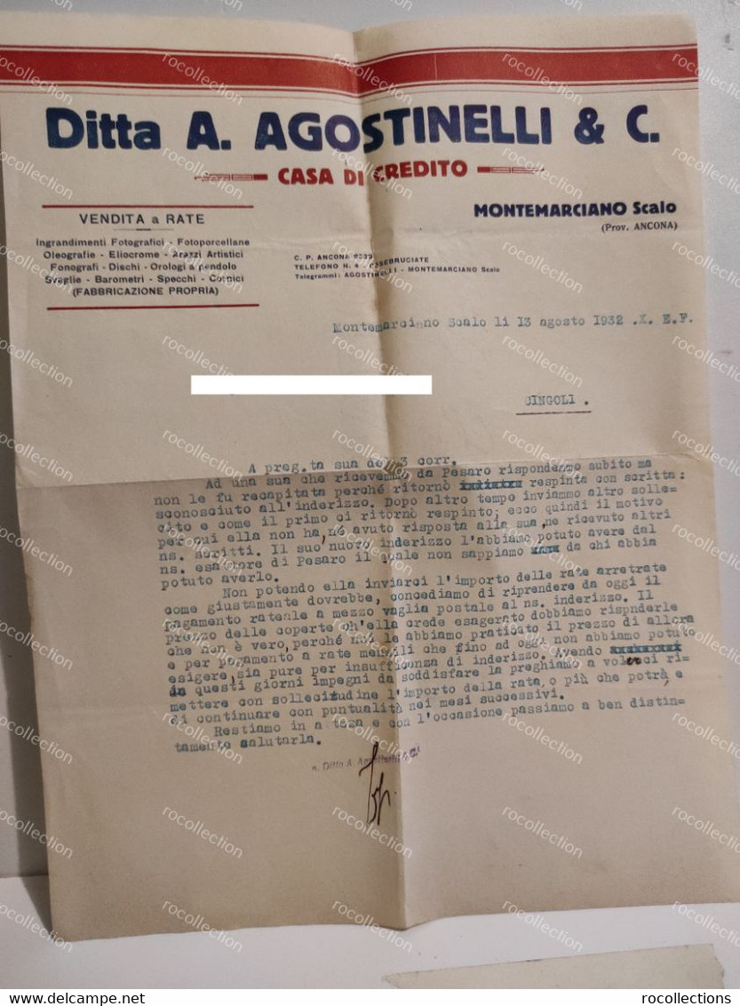 Italy Invoice Fattura A. AGOSTINELLI & C. Montemarciano Scalo (Ancona) A Cingoli 1932 - Italia