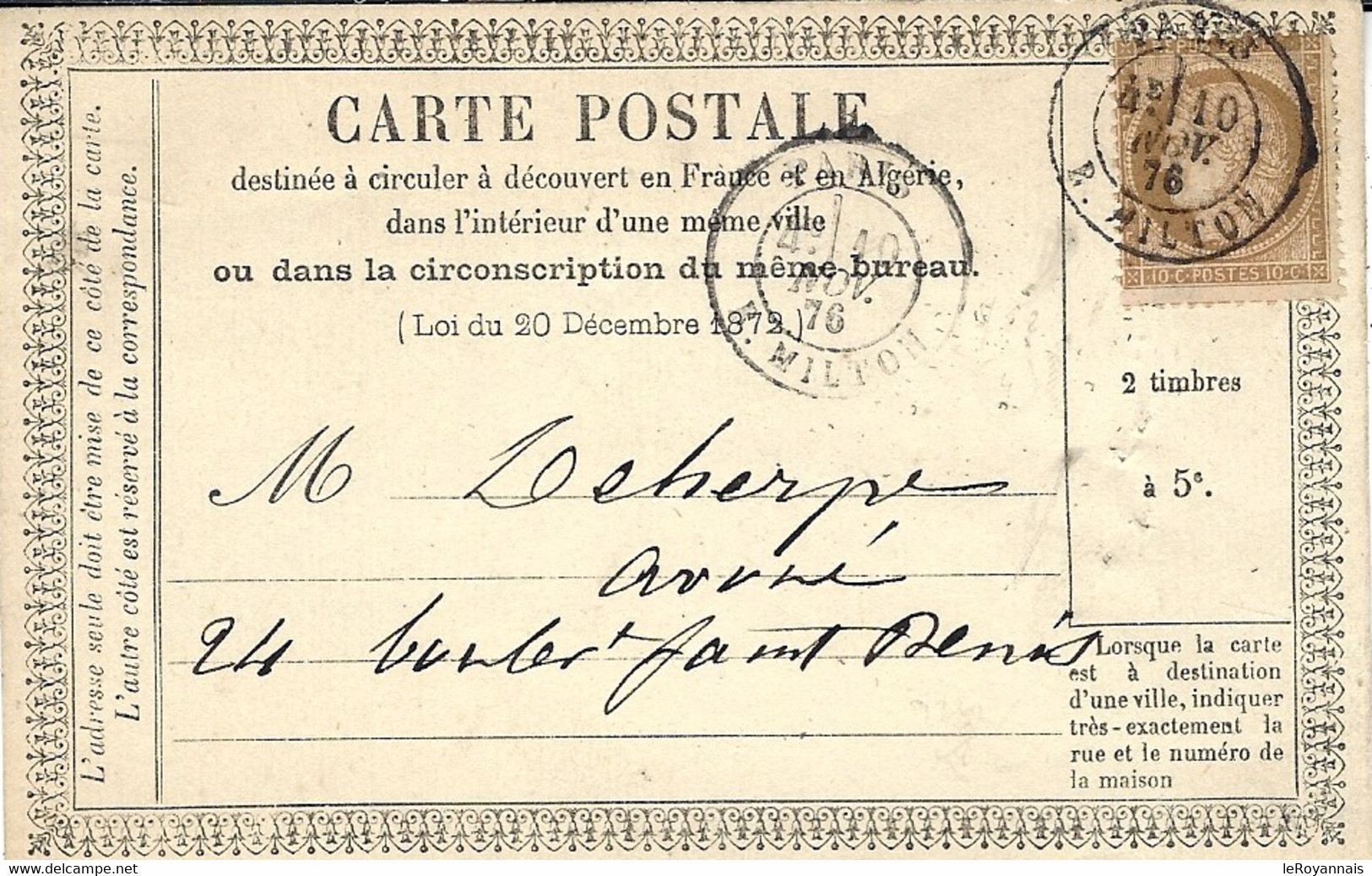 Nov. 1876 - Carte Précurseur De PARIS / R. MILTON Affr. 10 C Cérès  N°58 Oblit. Cad - 1849-1876: Klassik