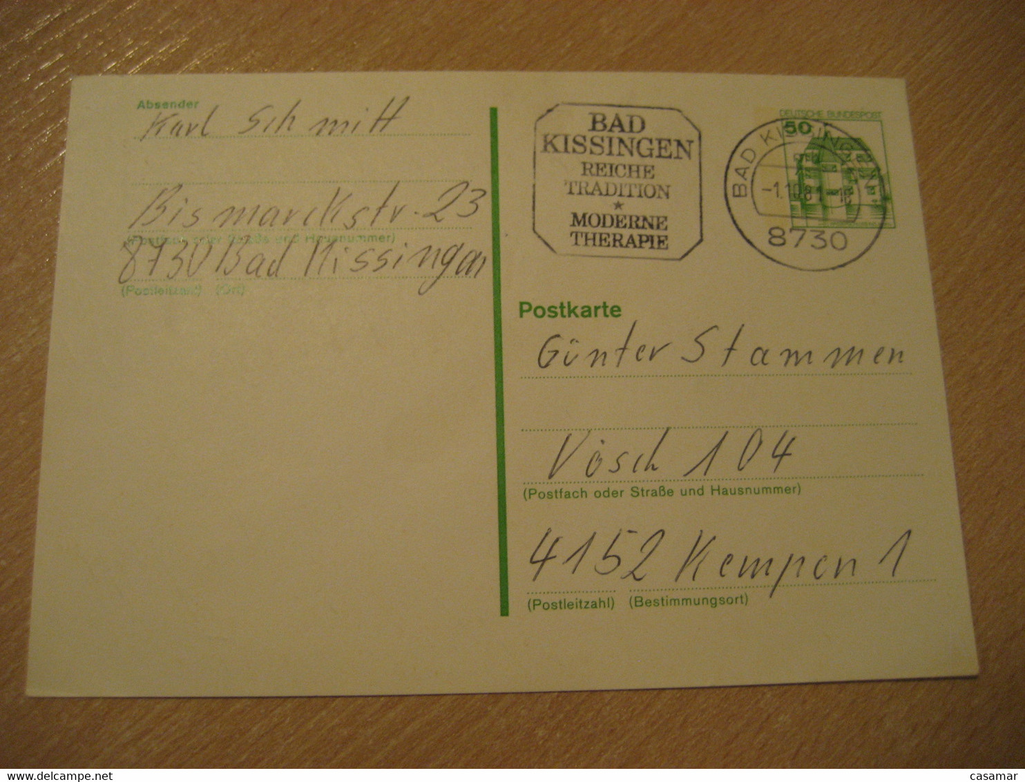 BAD KISSINGEN 1981 Moderne Therapie Thermal Health Sante Cancel Card GERMANY - Thermalisme