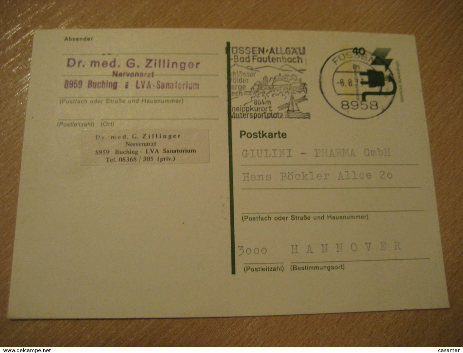FUSSEN 1977 Bad Faulenbach Kneipkurort Thermal Health Sante Cancel Card GERMANY - Thermalisme