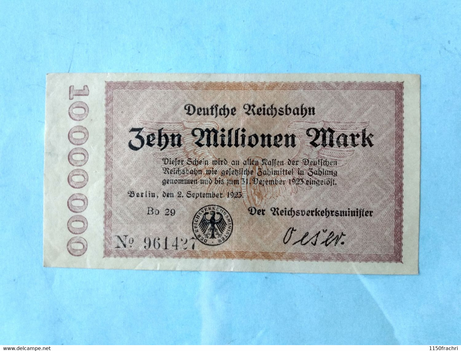 Banknote - Deutsche Reichsbahn 1923 - 10 Millionen Mark - 10 Mio. Mark