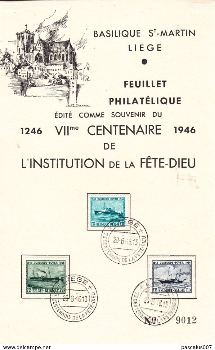 B01-385 725 726 727 Feuillet FDC Souvenir Paquebot 20-06-1946 Ostende Douvre Dover Liège Basilique St Martin Fête Dieu - ....-1951