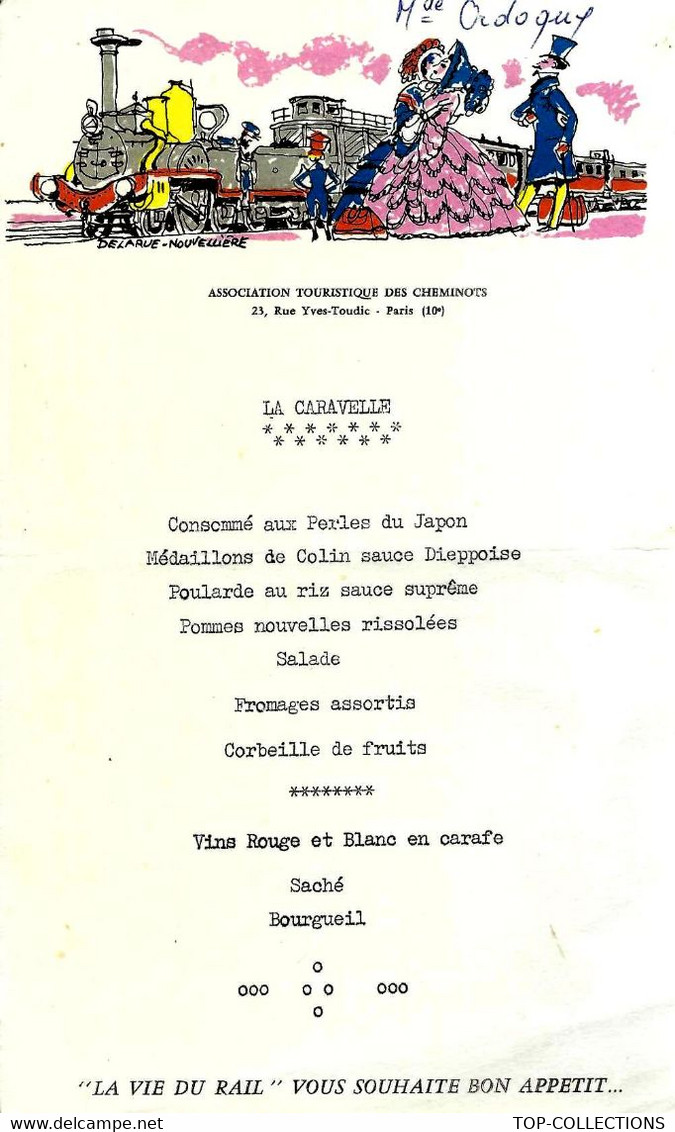 CIRCA 1960 CHEMINS DE FER MENU   ASSOCIATION NATIONALE CHEMINOTS Paris DESSIN Couleurs DELARUE NOUVELLIERE B.E. - Menus