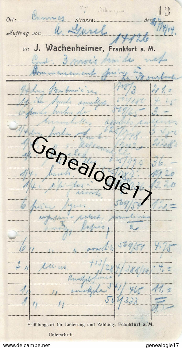 96 2989 ALLEMAGNE DEUTSCH FRANKFURT 1914 Maison J. WACHENHEIMER ( Avant Guerre ) - Autres & Non Classés