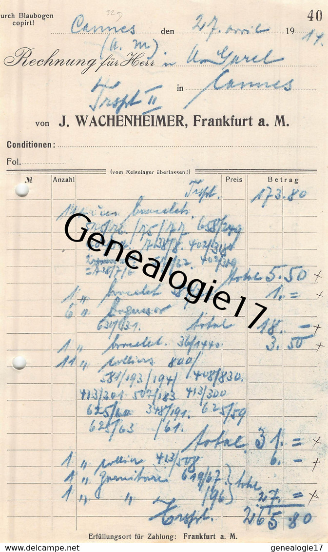 96 2990 ALLEMAGNE DEUTSCH FRANKFURT 1914 Maison J. WACHENHEIMER ( Avant Guerre ) - Otros & Sin Clasificación