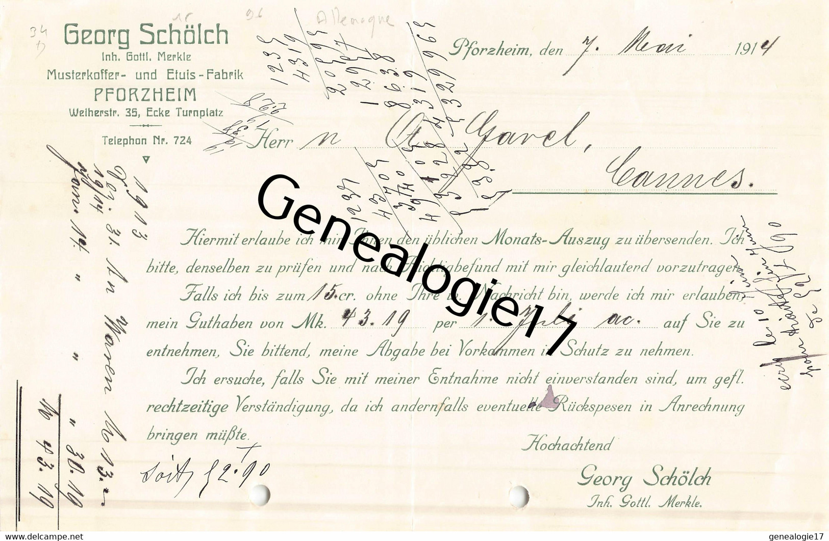 96 2992 ALLEMAGNE DEUTSCH PFORZHEIM 1914 Maison GEORG SCHOLCH ( SCHÖLCH )  ( Avant Guerre ) - Other & Unclassified
