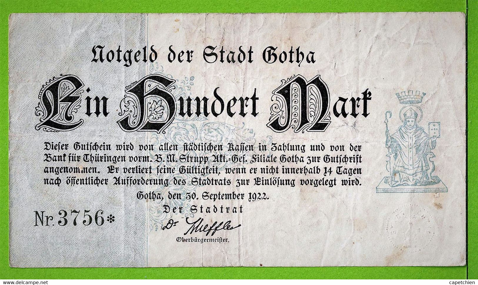 ALLEMAGNE / NOTGELD DES STADT GOTHA  / EIN HUNDERT MARK / 100 MARK / 30 SEPT 1922 - 100 Mark