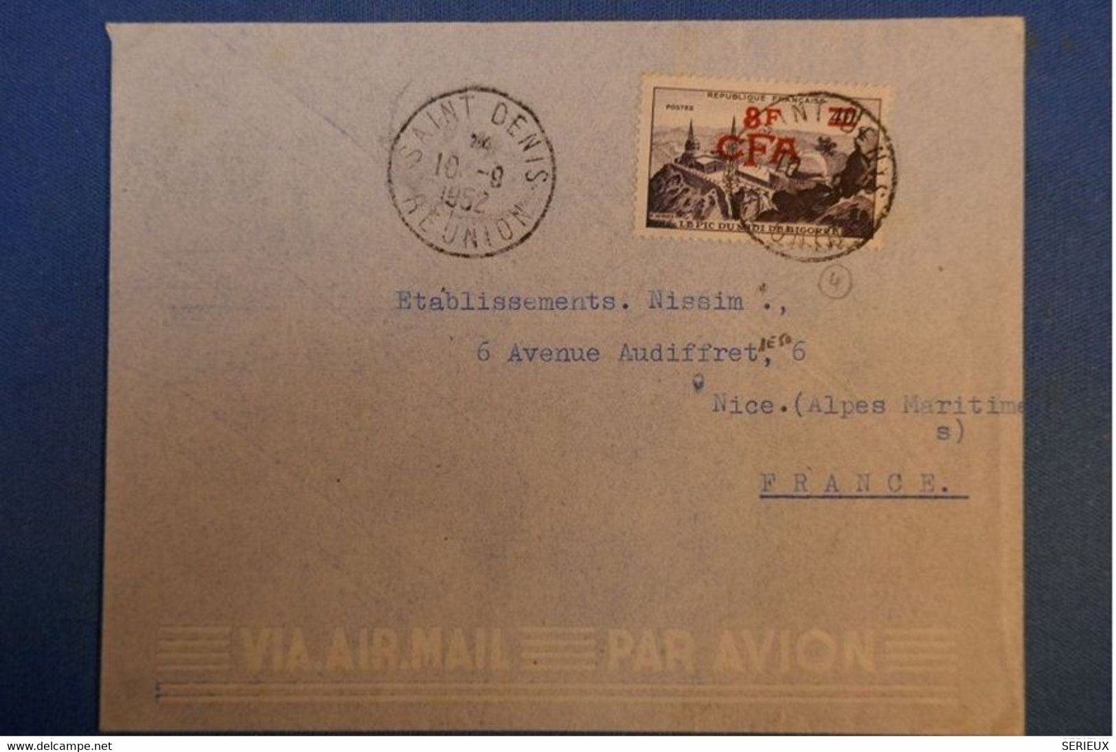 E11 FRANCE CFA REUNION BELLE LETTRE 1952 SAINT DENIS POUR NICE PAR AVION - Lettres & Documents