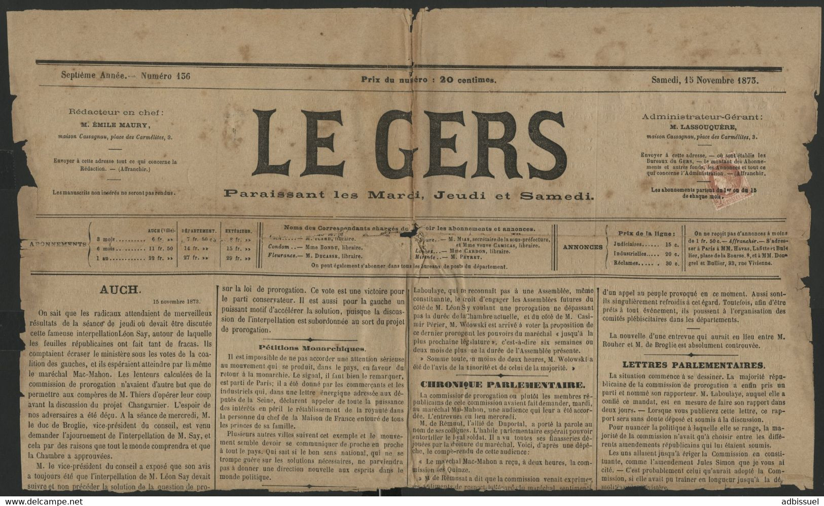 N° 51 Obl. TYPOGRAPHIQUE Cote 120 € Sur Feuille Du JOURNAL DU GERS (voir Description) - Newspapers