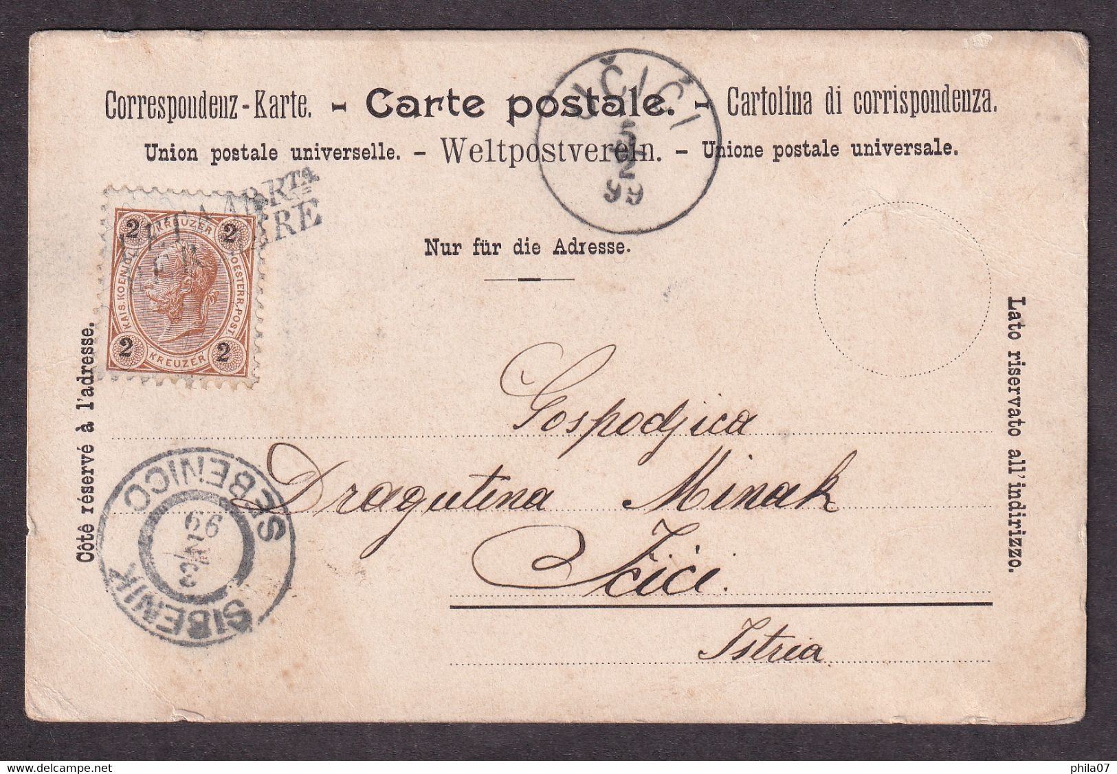 Austria/Croatia - Postcard Of Skradin Sent Via Šibenik To Ičiće. Cancelled With LETa ARRta PER MARE 03.02.1899. - Cartas & Documentos