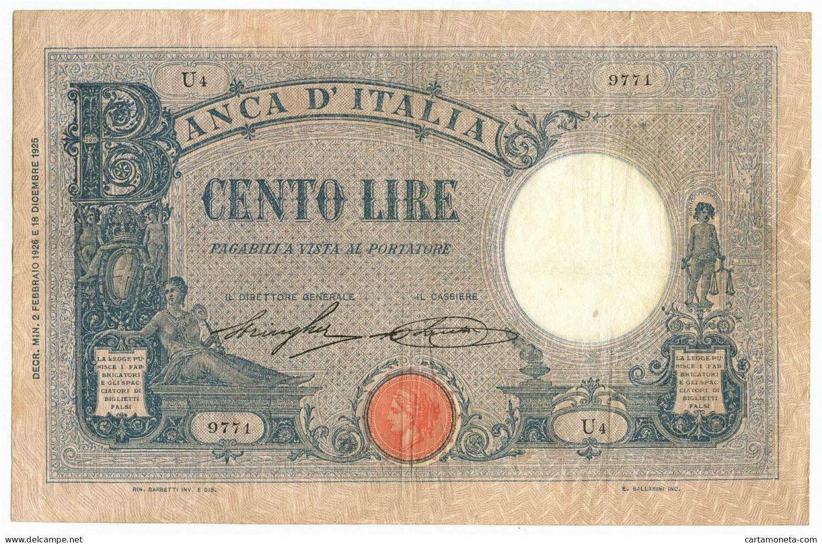 100 LIRE BARBETTI GRANDE B AZZURRO TESTINA DECRETO 02/02/1926 BB/BB+ - Regno D'Italia – Other