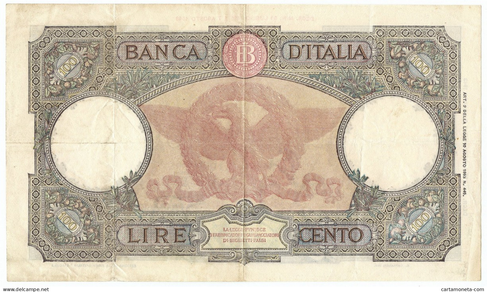 100 LIRE CAPRANESI AQUILA ROMANA TESTINA RETRO BI 23/08/1943 BB - Otros