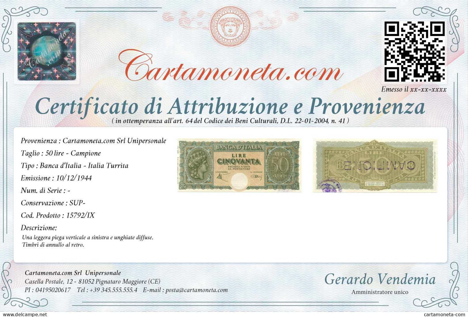 50 LIRE CAMPIONE ITALIA TURRITA TESTINA 10/12/1944 SUP- - Andere