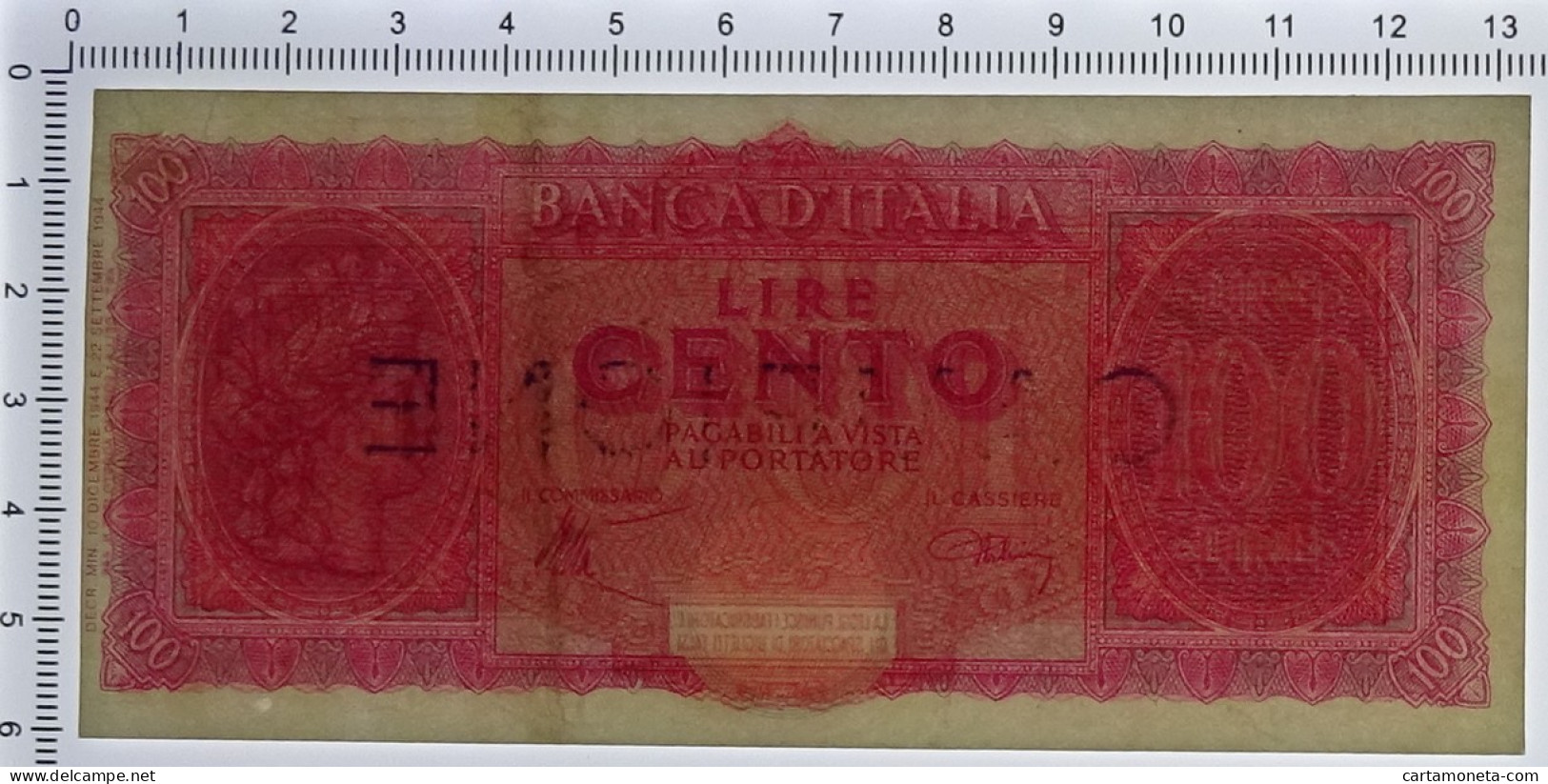 100 LIRE CAMPIONE ITALIA TURRITA TESTINA 10/12/1944 SPL/SPL+ - Regno D'Italia – Other