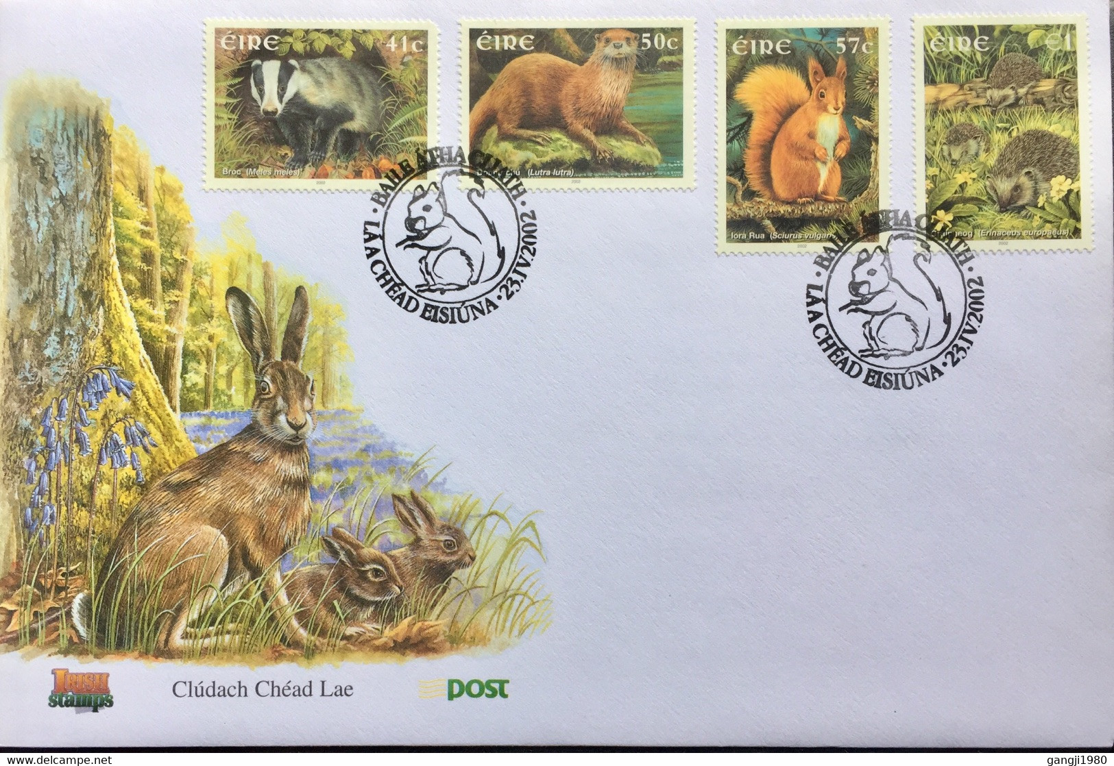 IRELAND 2002, NATIVE IRISH MAMMALS, 4 DIFFERENT STAMP, FV 2.48 £, RABBIT, HARE, SQUIRREL,  INFORMATION CARD - Lettres & Documents