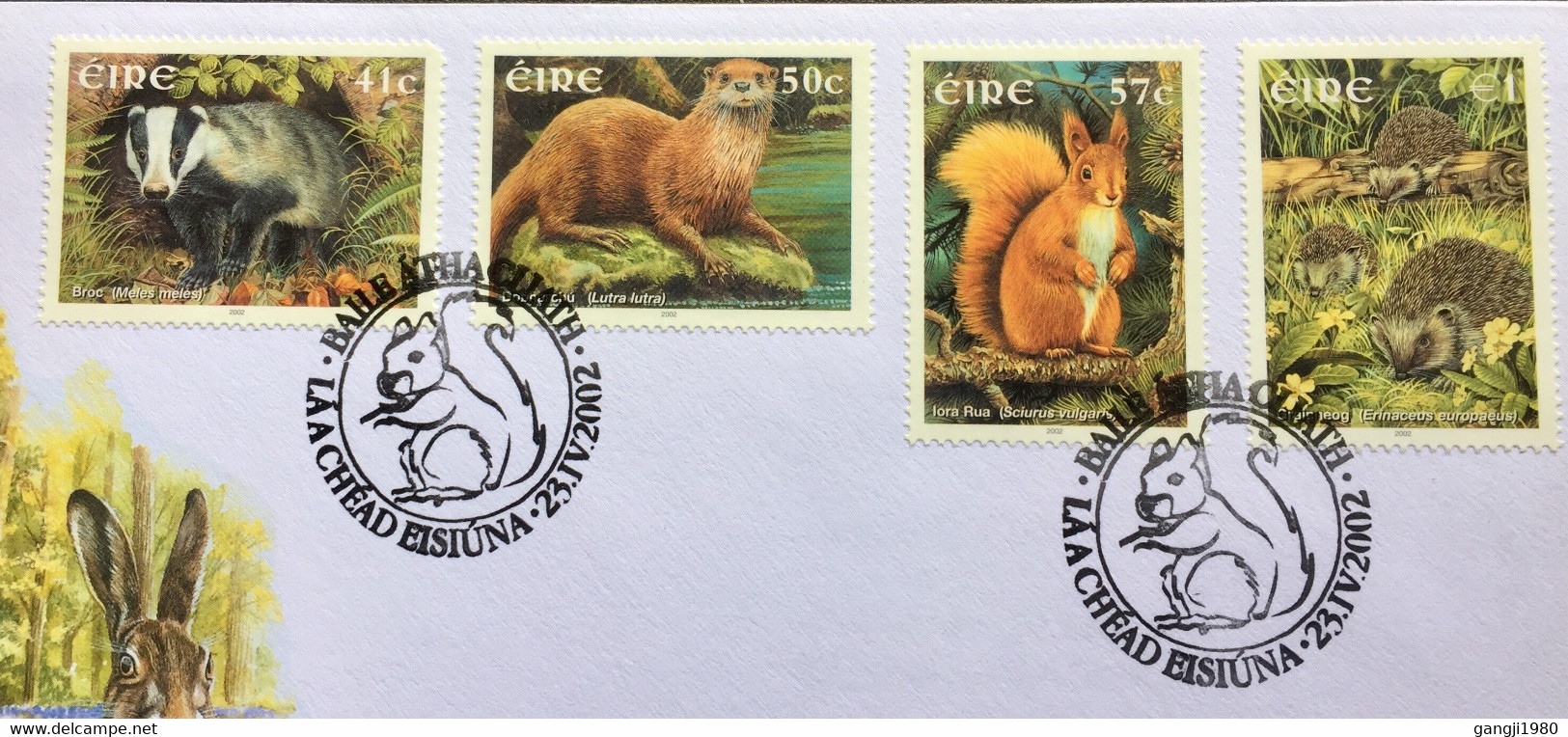 IRELAND 2002, NATIVE IRISH MAMMALS, 4 DIFFERENT STAMP, FV 2.48 £, RABBIT, HARE, SQUIRREL,  INFORMATION CARD - Storia Postale