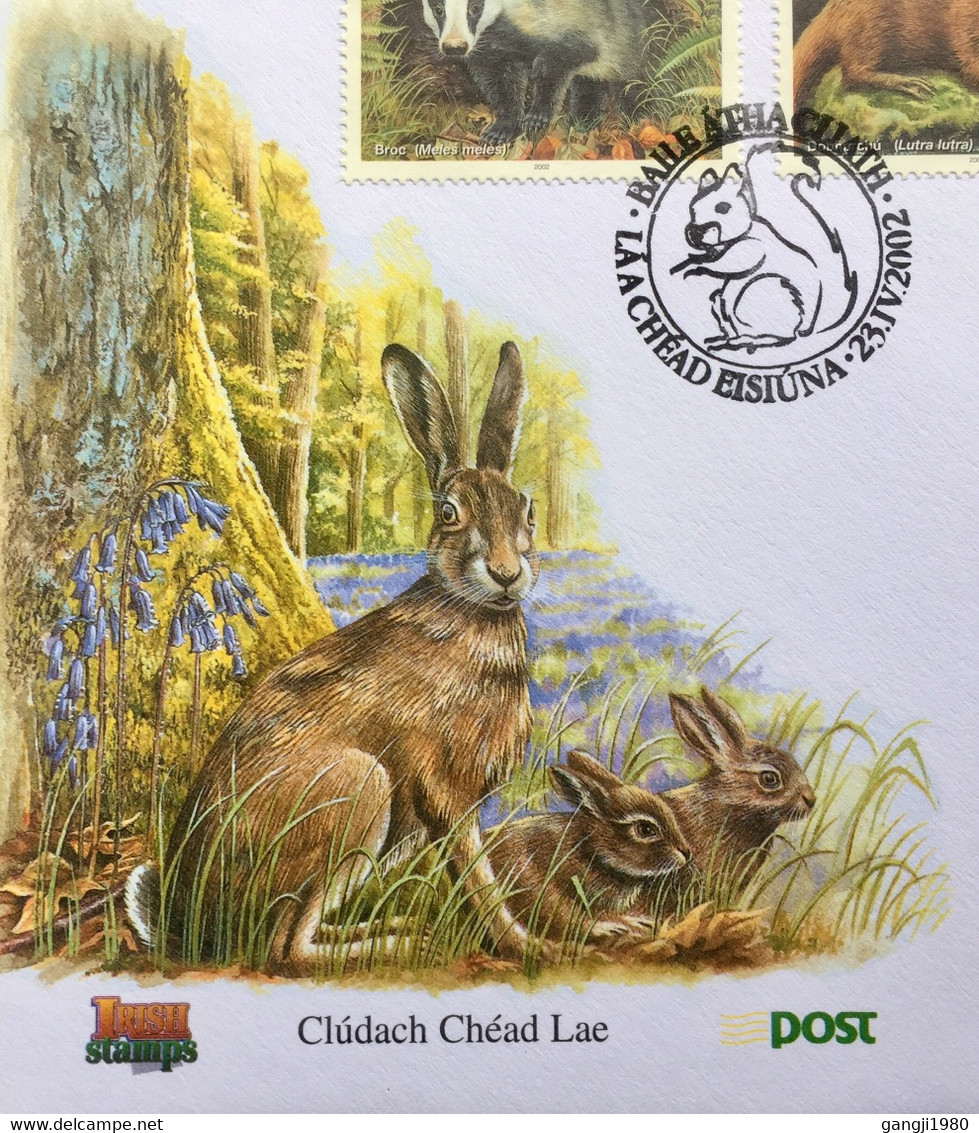 IRELAND 2002, NATIVE IRISH MAMMALS, 4 DIFFERENT STAMP, FV 2.48 £, RABBIT, HARE, SQUIRREL,  INFORMATION CARD - Covers & Documents