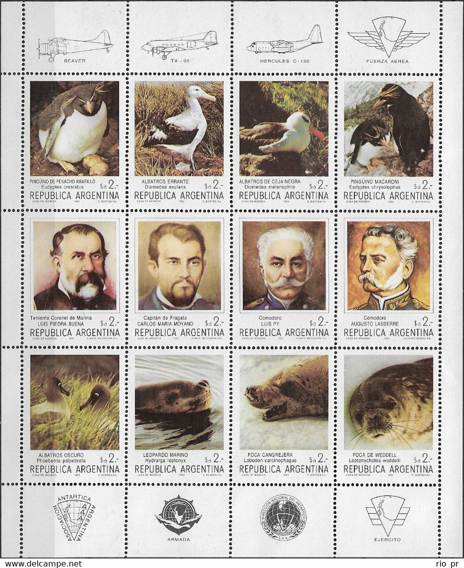 ARGENTINA - FULL SHEET ANTARCTIC PIONEERS AND FAUNA 1983 - MNH - Fauna Antartica