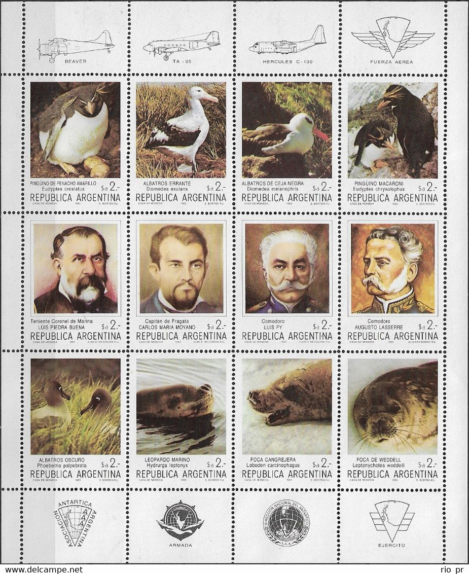 ARGENTINA - FULL SHEET ANTARCTIC PIONEERS AND FAUNA 1983 - MNH - Faune Antarctique