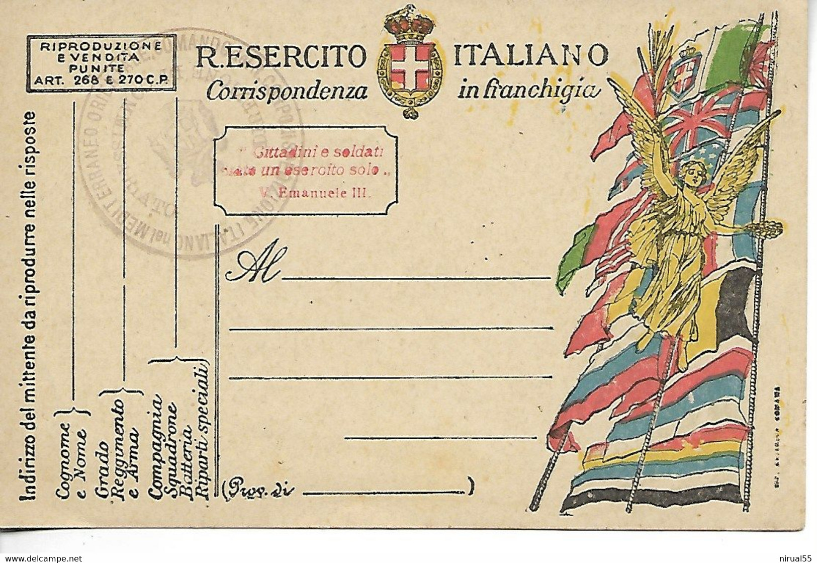 14 18 Italie Carte FM R. ESERCITO ITALIANO + Cachet Italiano Nel Méditerrano Orientale Commando... 1918    ..G - Andere & Zonder Classificatie