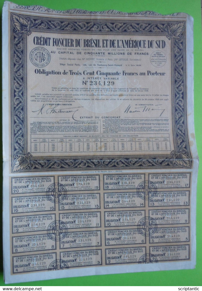 3 X Obligations CREDIT FONCIER DU BRESIL ET DE L'AMERIQUE DU SUD 1940 - Banque & Assurance