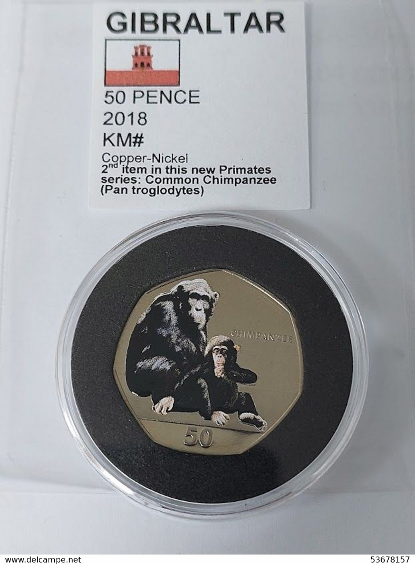 Gibraltar - 50 Pence, 2018, Primate - Common Chimpanzee (Pan Troglodytes), Unc, In Capsule - Gibraltar