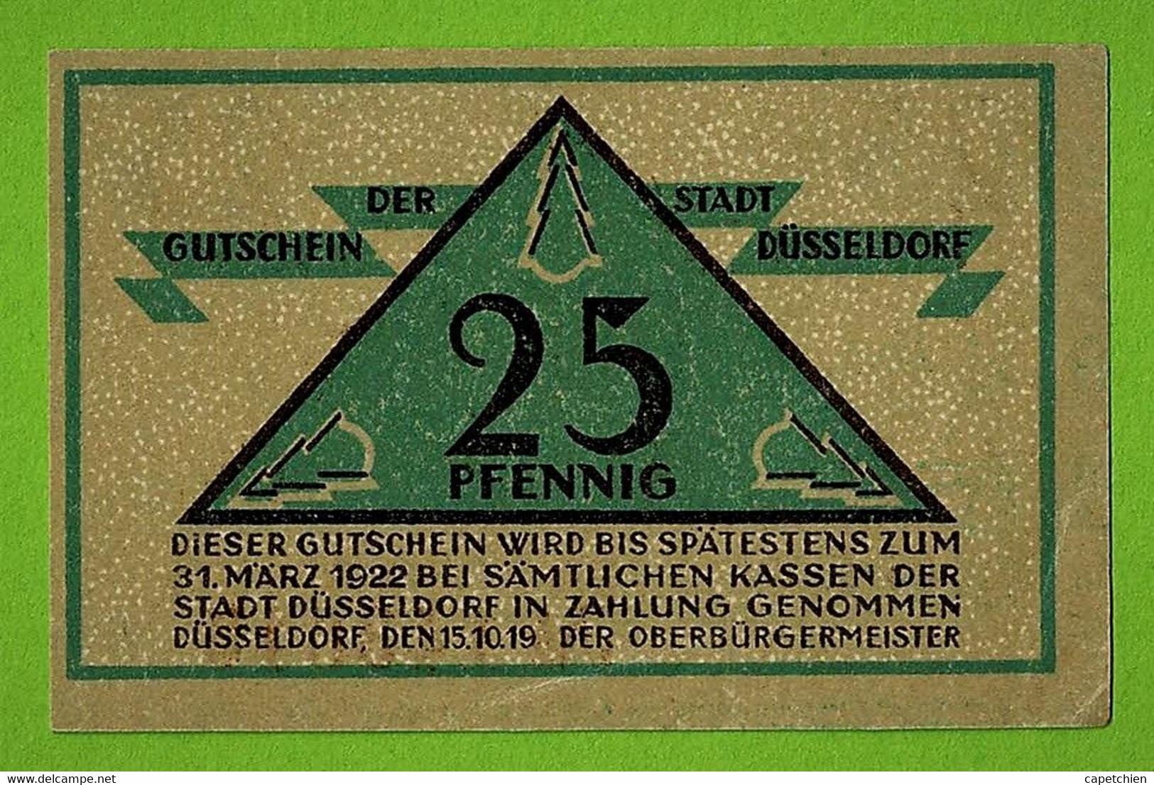 ALLEMAGNE / DÜSSELDORF / 25 PFENNIG / NOTGELD / 15 OCTOBRE 1919 / N° SERIE 143646 - Ohne Zuordnung