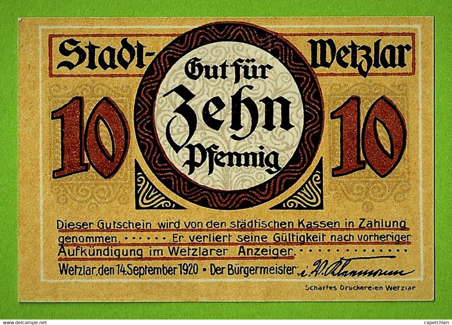 ALLEMAGNE / WETZLAR / 10 PFENNIG / NOTGELD / 14 SEPTEMBRE 1920 / N° SERIE B 77201 - Zonder Classificatie