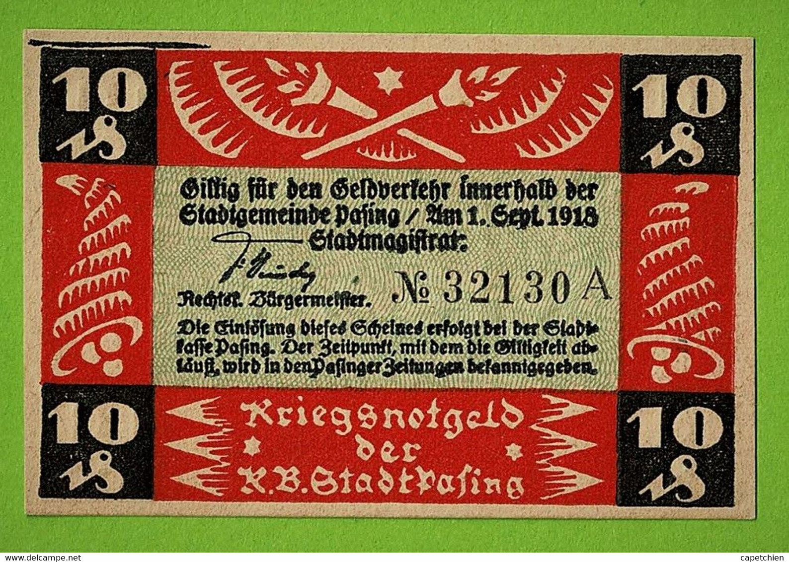 ALLEMAGNE / PASING / 10  PFENNIG / NOTGELD /  1er SEPTEMBRE 1918 / N° SERIE32130 A - Unclassified