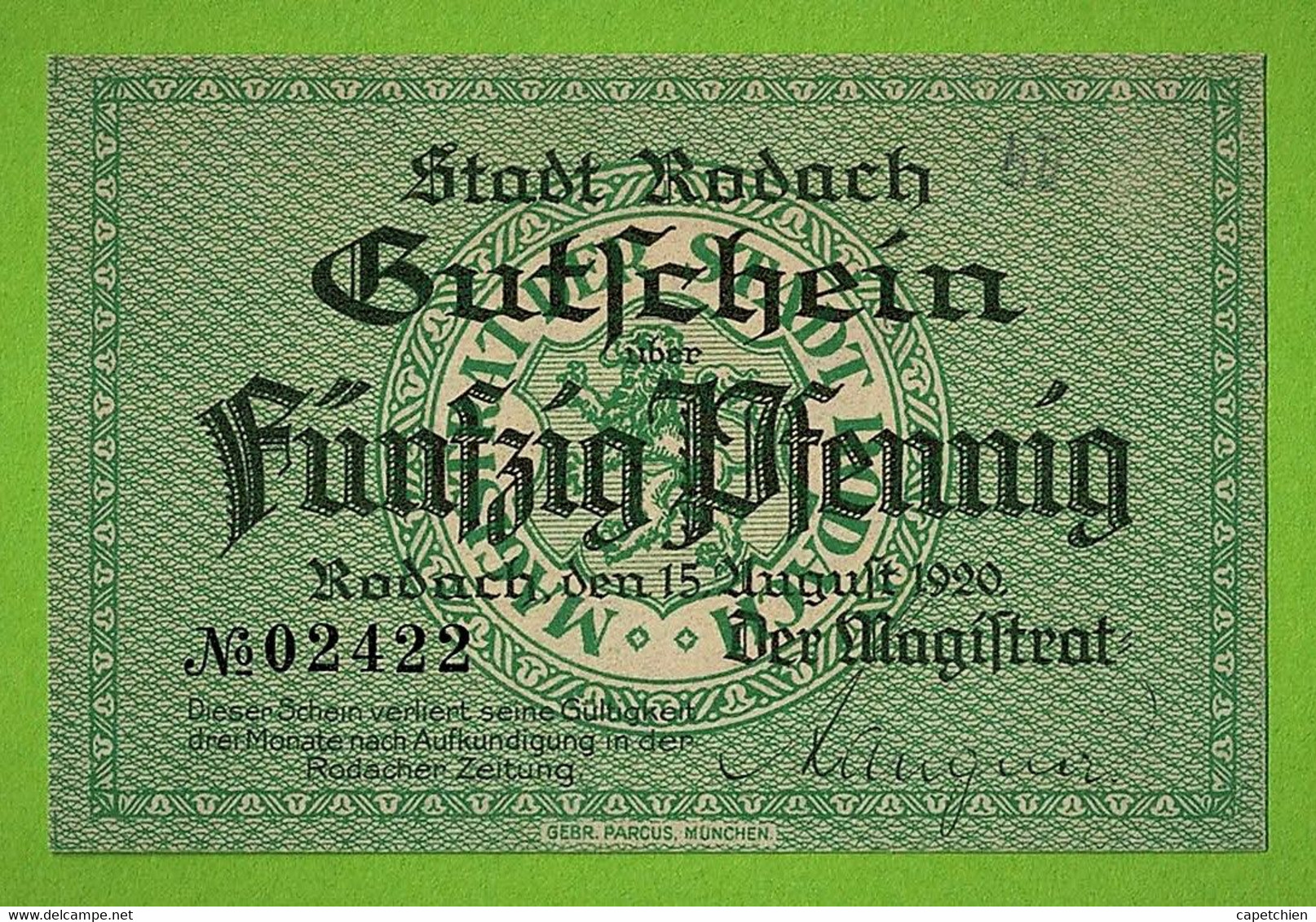 ALLEMAGNE / RODACH / 50  PFENNIG / NOTGELD /  15 AOUT 1920 / N° SERIE 02422 - Non Classés