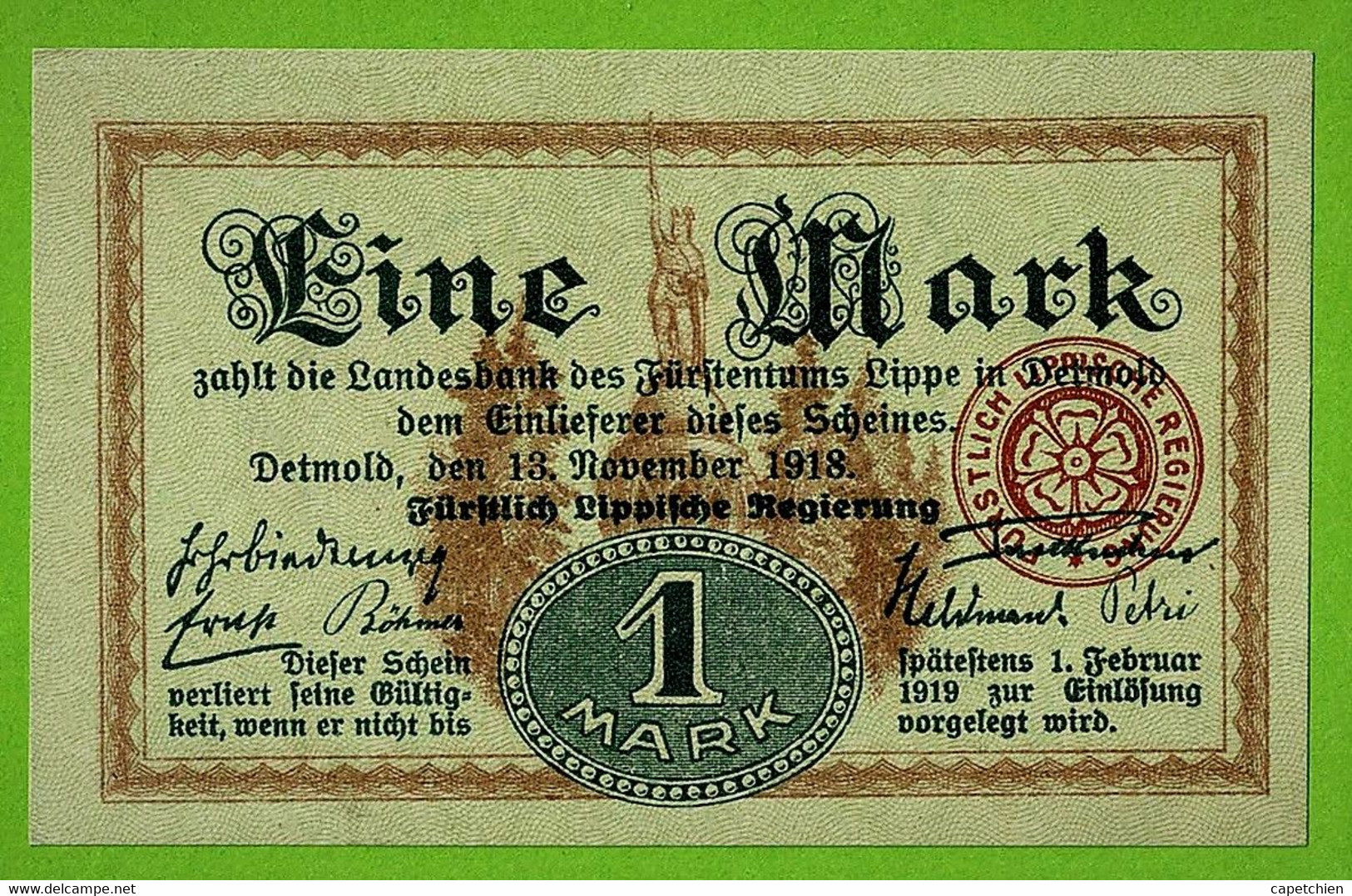 ALLEMAGNE / DETMOLD / EINE MARK / NOTGELD / 13 NOVEMBRE 1918  / NEUF - Zonder Classificatie