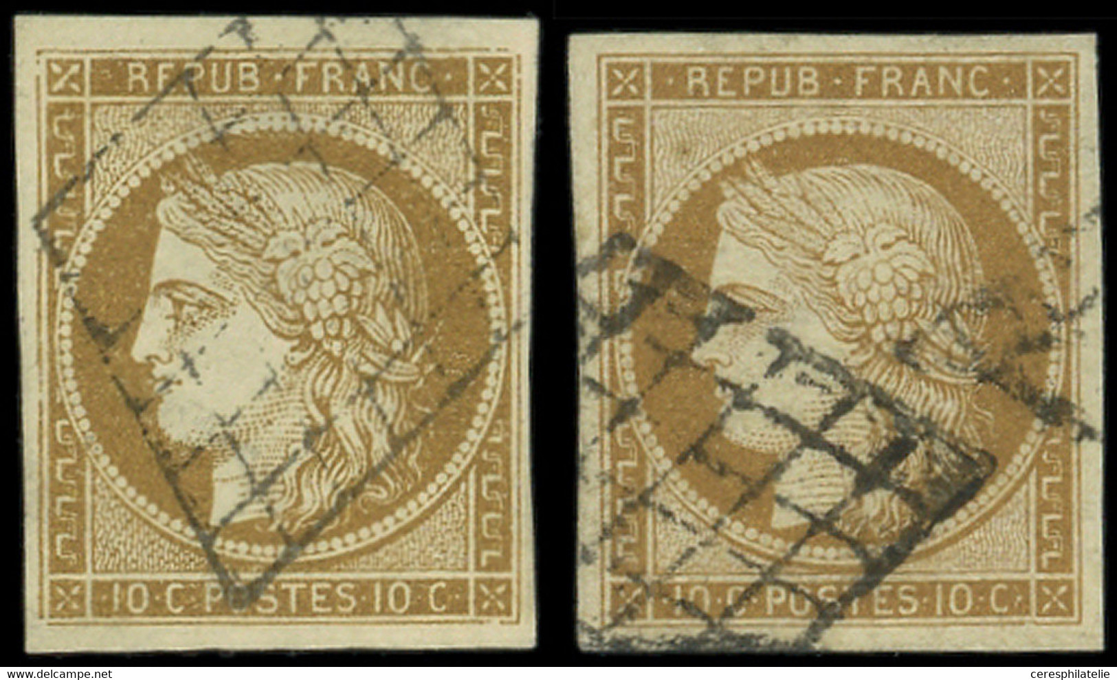 EMISSION DE 1849 - 1    10c. Bistre-jaune, 2 Nuances Obl. GRILLE, TB. C - 1849-1850 Ceres