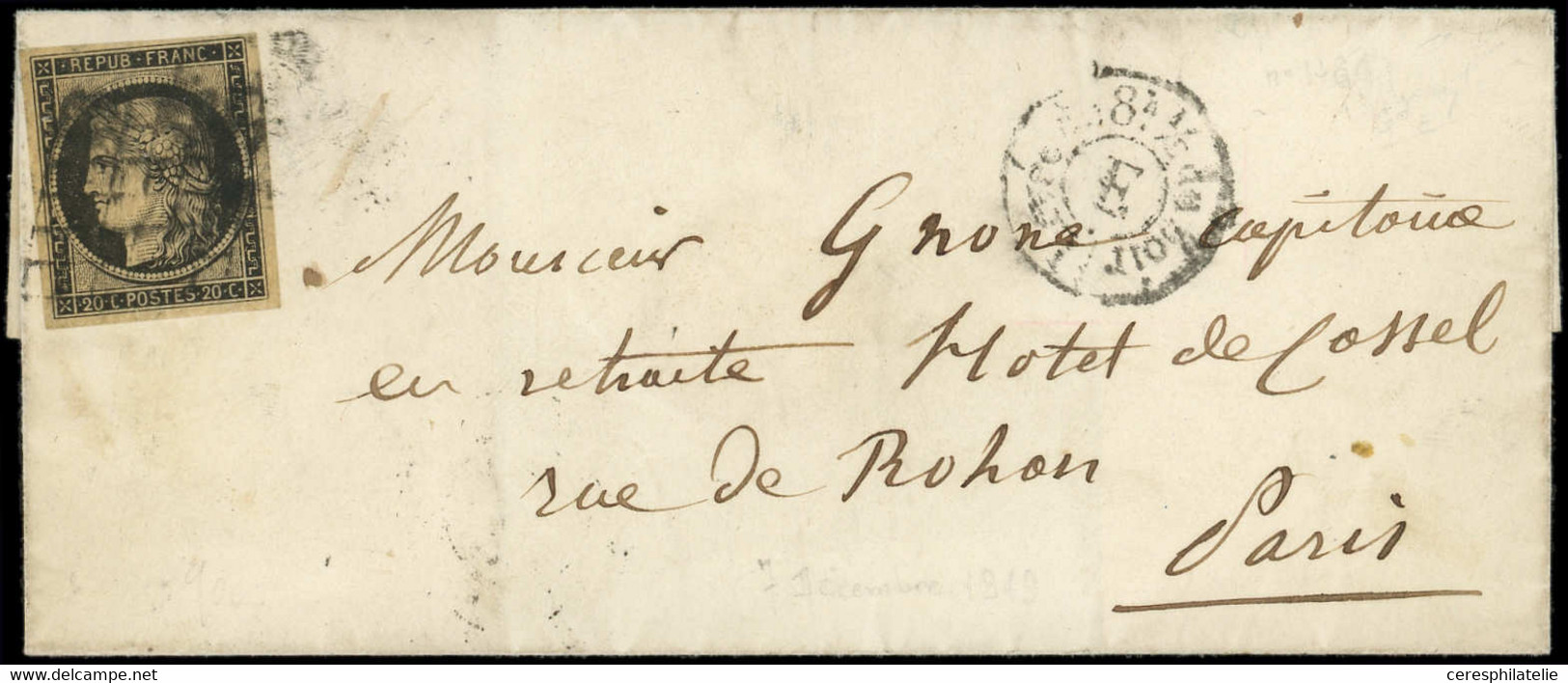 Let EMISSION DE 1849 - 3    20c. Noir Sur Jaune, Obl. GRILLE S. LSC Locale, Càd T1169 E/Levée De 8h 1/2 Du Soir, RR Ind. - 1849-1876: Classic Period