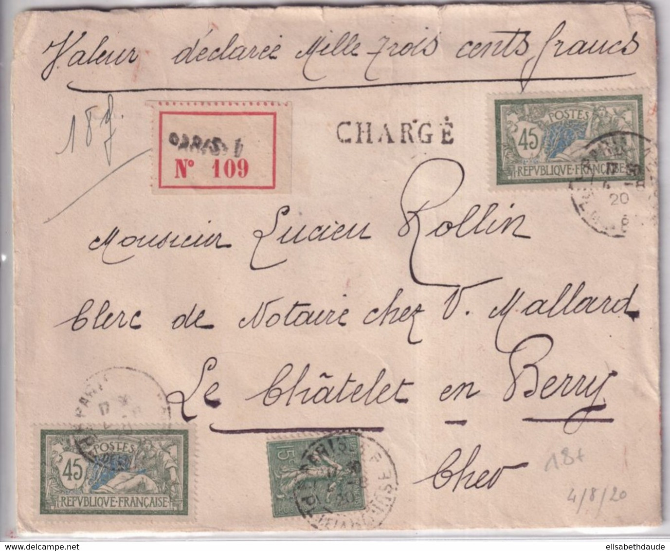 1920 - MERSON + SEMEUSE Sur ENVELOPPE CHARGEE VALEUR DECLAREE ! De PARIS => LE CHATELET EN BERRY (CHER) - 1900-27 Merson