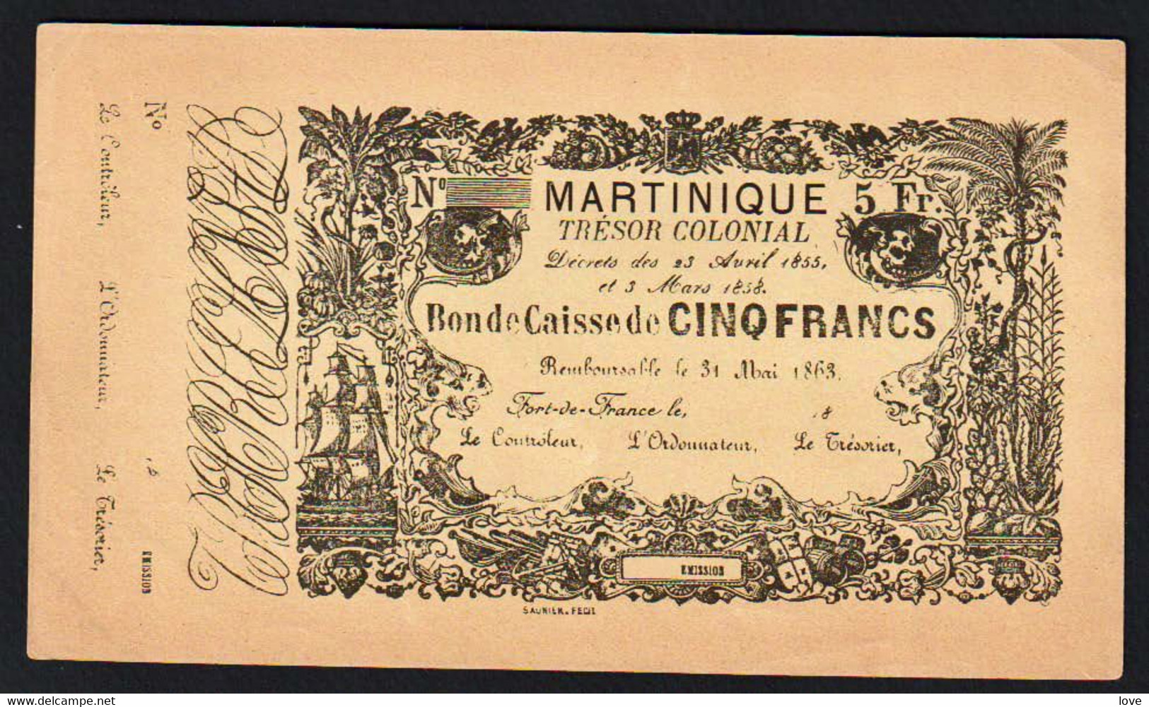 MARTINIQUE: N° A3 Bon De Caisse De 5F. Décrets Des 23/04/1855 Et Du 03/03/1858. Uniface (not Issued) Rare - Oostelijke Caraïben