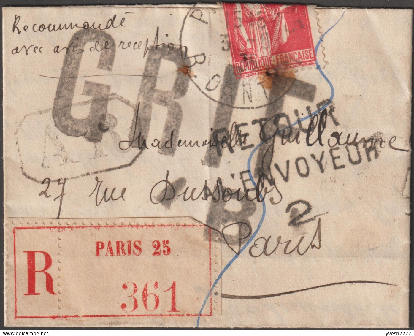 France 1935 Y&T 235, 283 Et 286, 25 C Semeuse 50 C Et 1 F Paix. Destinataire En Fuite. GRIF B - 1932-39 Paix