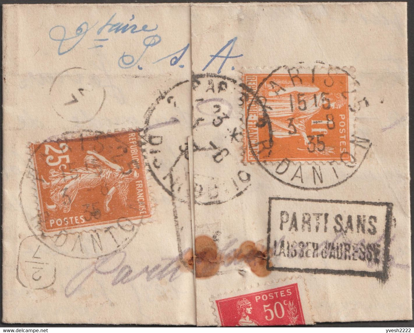 France 1935 Y&T 235, 283 Et 286, 25 C Semeuse 50 C Et 1 F Paix. Destinataire En Fuite. GRIF B - 1932-39 Paix