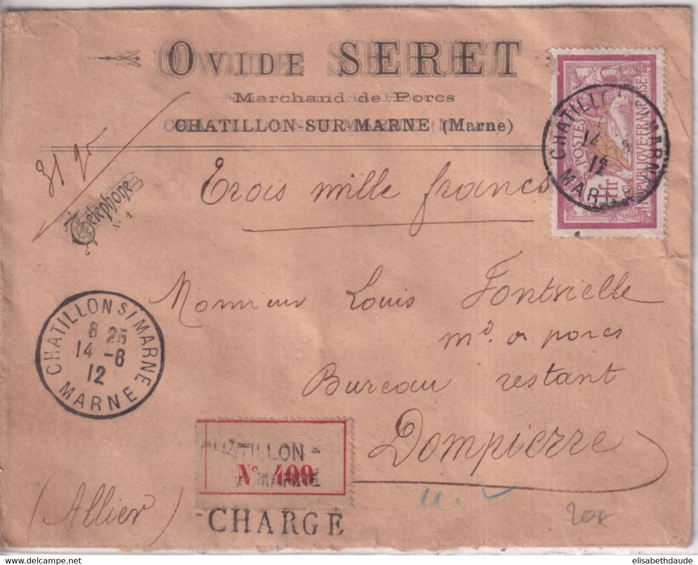 1912 - MERSON SEUL Sur ENVELOPPE CHARGEE VALEUR DECLAREE ! De CHATILLON SUR MARNE => DOMPIERRE - 1900-27 Merson