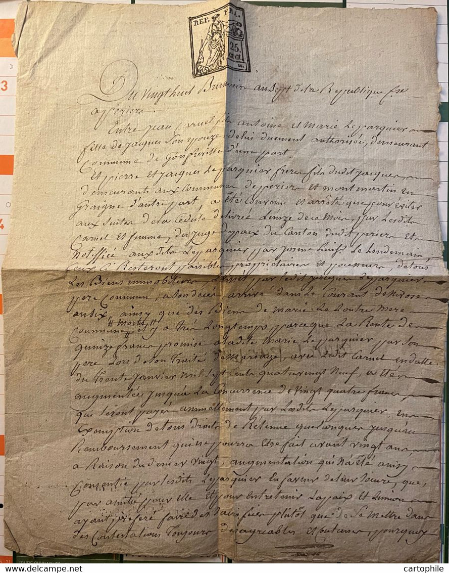 Acte Notarié De 1798 (An 7 De La Répub) Commune De Gonfreville Periers Montmartin En Graignes - Succession Le Parquier - Manuscripts